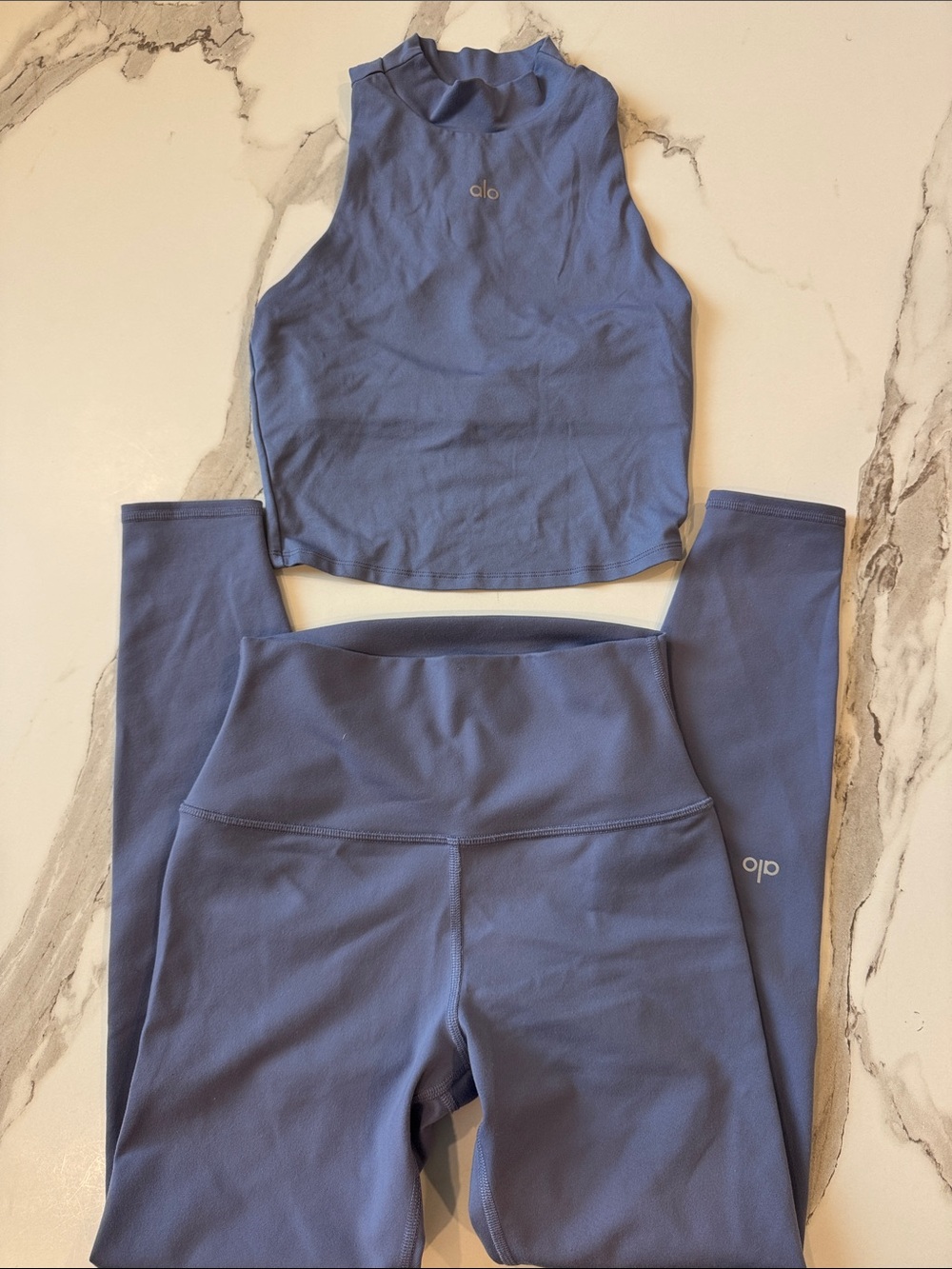 ALO Yoga Periwinkle Blue Cropped High-Neck Tank and Leggings Set